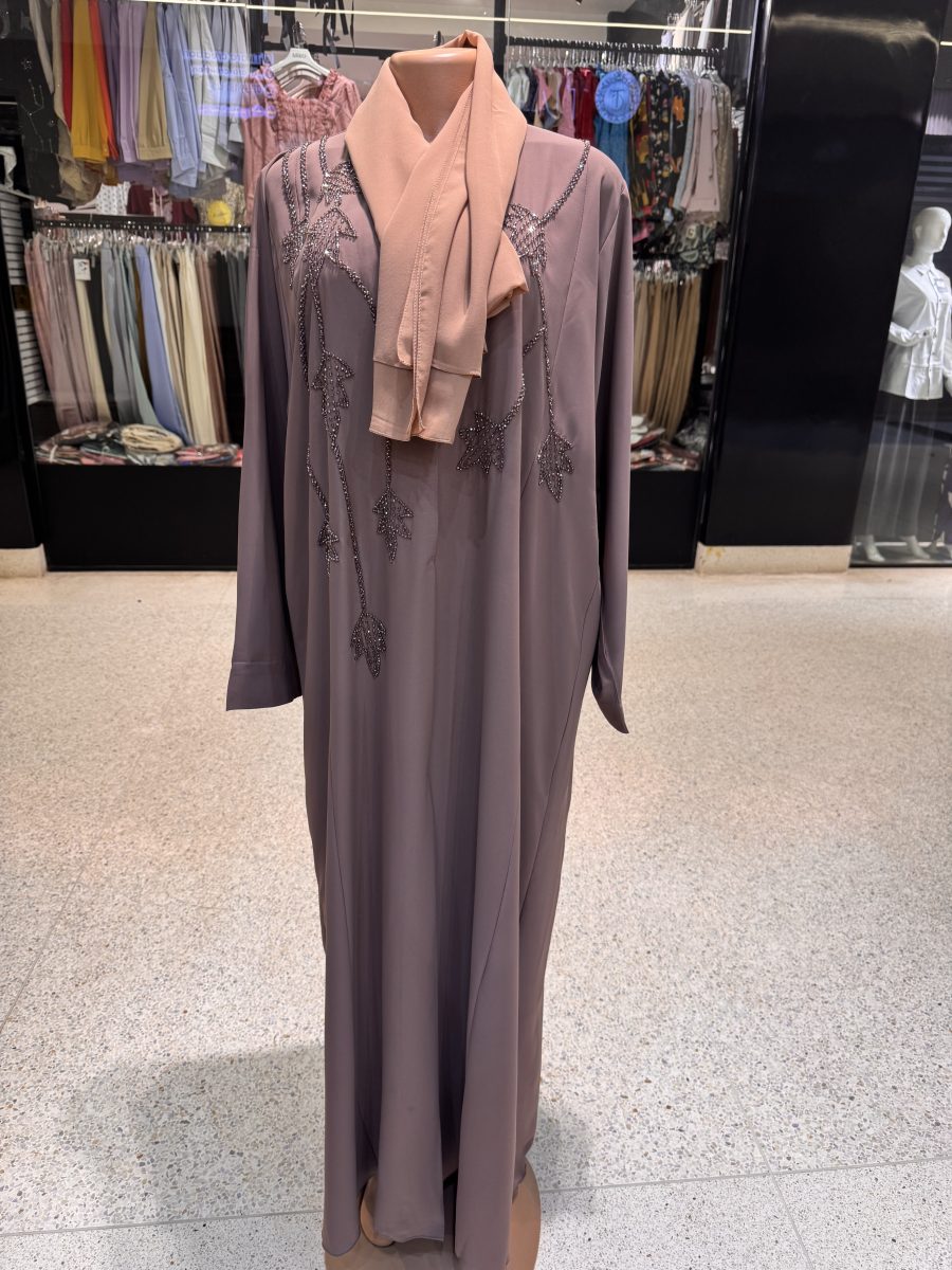 Beaded Floral Abaya with Contrast