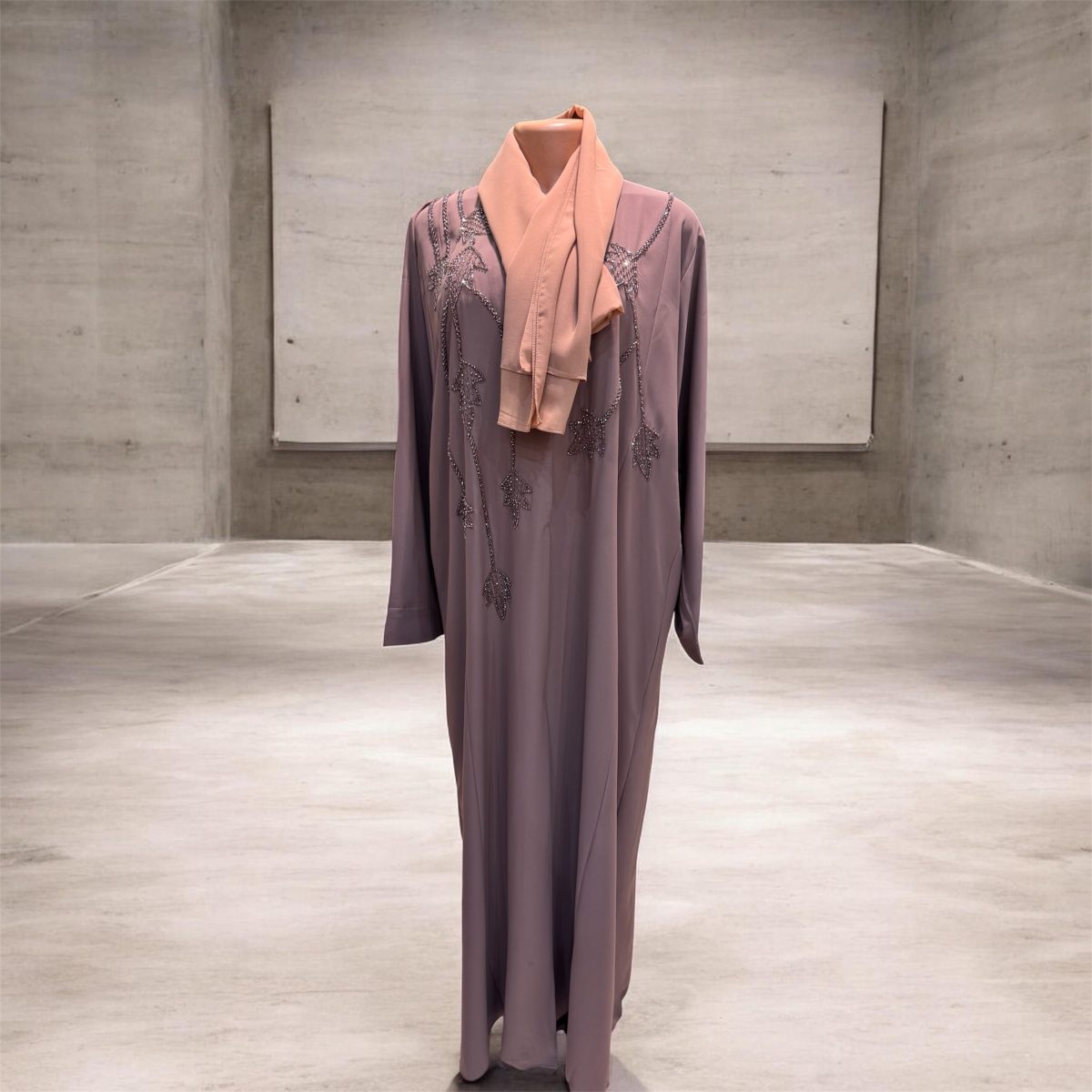 Beaded Floral Abaya with Contrast